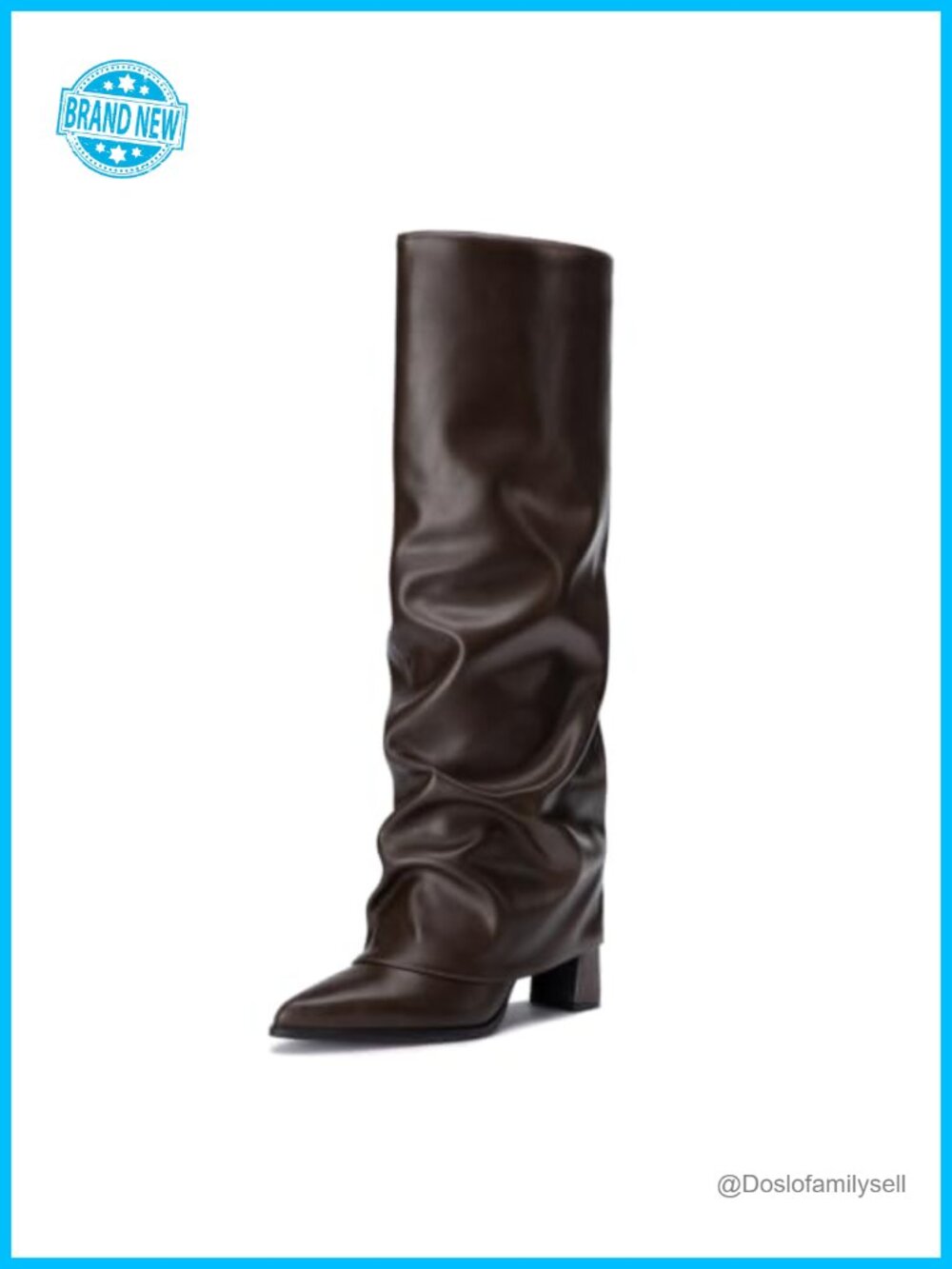 Knee High Boots Pointed Toe Faux Leather Chunky Heel Fold Over Women Tall Boots